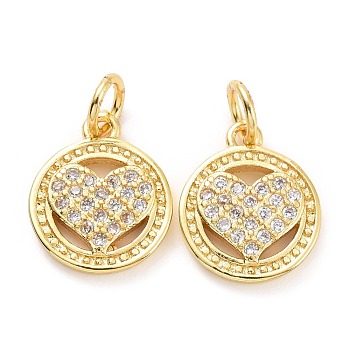 Brass Micro Pave Cubic Zirconia Charms, with Jump Rings, Long-Lasting Plated, Cadmium Free & Lead Free, Light Gold, Flat Round with Heart, Clear, 13x11x2mm