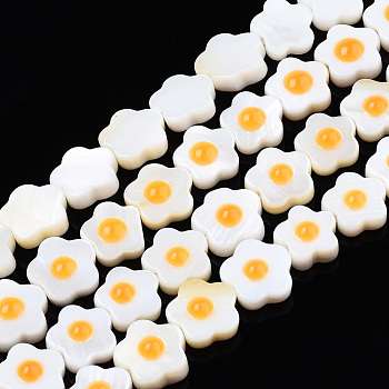 Natural Freshwater Shell Beads Strands, Single Side with Enamel, Flower, Orange, 8.5~9x8.5~9x3~3.5mm, Hole: 0.7mm, about 47~50pcs/strand, 15.35 inch~16.14 inch(39~41cm)