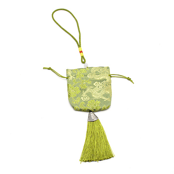 Brocade Packing Pouches, Vintage Scented Sachet Perfume Bag, with Tassel, Lawn Green, 330~335mm