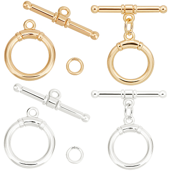 Beebeecraft 10Pcs 2 Colors Brass Toggle Clasps, with Jump Rings, Nickel Free, Ring, Real 18K Gold Plated & Silver, Ring: 17x14x2.5mm, Hole: 1.6mm, Bar: 22.5x2.5mm, Hole: 1.6mm, Jump Ring: 5x0.8mm, 5pcs/color