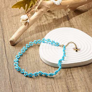 Glass Seed Beaded Flower Necklace with Alloy Enamel Bee Charm(NJEW-JN03817-01)-2