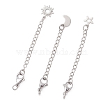 3Pcs 304 Stainless Steel Chain Extender, Curb Chain, with Stainless Steel Charms, Moon & Star & Sun, Stainless Steel Color, 67~73mm(FIND-JF00174)