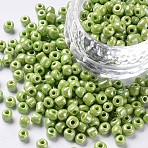 6/0 Glass Seed Beads, Opaque Colors Lustered, Round, Green Yellow, 4mm, Hole: 1.5mm, about 4500pcs/pound(SEED-A012-4mm-124)