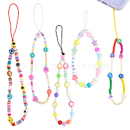 Gorgecraft 5Pcs 5 Style Plastic & Resin Beaded Mobile Straps, with Polymer Clay Heishi Beads, Flower & Round & Evil Eye, Colorful, 1pc/style(MOBA-GF0001-04)