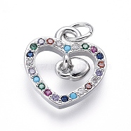Brass Micro Pave Cubic Zirconia Charms, with Jump Rings, Heart, Colorful, Platinum, 14x12.5x2mm, Hole: 3mm(ZIRC-I032-25P)