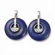 Natural Lapis Lazuli Pendants, with Platinum Tone Brass Findings, Donut/Pi Disc with Buddha, 35.5x30x8.5~9.5mm, Hole: 4.5x6.5mm(G-F640-D07)