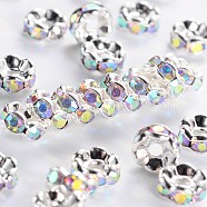 Brass Rhinestone Spacer Beads, Grade AAA, Wavy Edge, Nickel Free, Silver Color Plated, Rondelle, Crystal AB, 6x3mm, Hole: 1mm(RB-A014-L6mm-28S-NF)