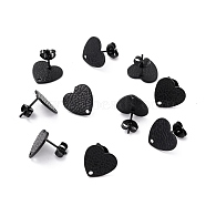 304 Stainless Steel Stud Earring Findings, with Ear Nuts, Textured Heart, Electrophoresis Black, 12x13mm, Hole: 1.5mm, Pin: 0.7mm(STAS-I183-08B-EB)