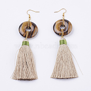 Nylon Tassel Dangle Earrings, with Natural Tiger Eye and Brass Earring Hooks, 127mm, pin: 0.6mm(EJEW-F108-A05)