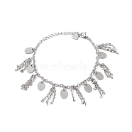 304 Stainless Steel Chain Tassel & Oval & Heart Charm Bracelet for Women, Stainless Steel Color, 6-7/8 inch(17.5cm)(BJEW-G669-13P)