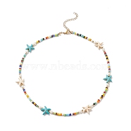 Colorful Synthetic Turquoise Starfish & Shell Pearl & Glass Seed Beaded Necklace for Women, Golden, 17.32 inch(44cm)(NJEW-TA00044)