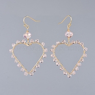 Faceted Glass Dangle Earrings, with Real 18K Gold Plated Brass Pendants and Earring Hooks, with Cardboard Packing Box, Heart, Pink, 58mm, Pin: 0.8mm(EJEW-JE03737-05)
