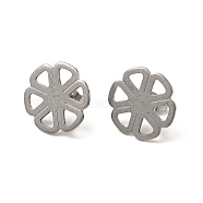 201 Stainless Steel Stud Earring Findings, with 304 Stainless Steel Pin & Hole & Friction Ear Nuts, Flower, Stainless Steel Color, 17x18mm, Hole: 4x3.5mm, Pin: 0.7mm(STAS-D244-30P)