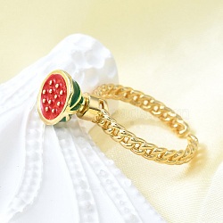 Brass Enamel Open Cuff Rings for Women, Real 16K Gold Plated, Watermelon, Inner Diameter: US Size 9 3/4(19.5mm), Watermelon: 10mm(RJEW-F179-08G-04)