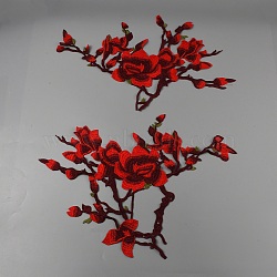 Flower & Branch Pattern Polyester Fabrics Computerized Embroidery Cloth Sew on Appliques, Costume Cheongsam Accessories, Red, 270~310x450~460x1mm, 2pcs(PATC-WH0009-05B)