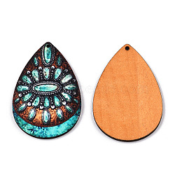 Single Face Printed Basswood Big Pendants, Teardrop Charm with Flower Pattern, Turquoise, 60x40x3mm, Hole: 2mm(WOOD-TAC0021-12B)