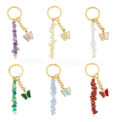 6Pcs 6 Styles, Resin Keychains, with Brass Micro Pave Cubic Zirconia Findings, Gemstone Beads and Iron Split Key Rings, Butterfly, 9cm, 1pc/style(KEYC-FH00008)