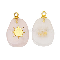 Natural Rose Quartz Pendants, Oval Charms with Golden Tone Stainless Steel Sun Slice, 17x11mm, Hole: 1.5mm(FIND-PW0015-01A-02)