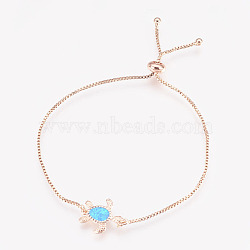 Adjustable Brass Bolo Bracelets, Slider Bracelets, Box chains, with Synthetic Opal, Turtle, Rose Gold, Cyan, 9-1/2 inch(24cm)x1mm(BJEW-L618-02RG-A)