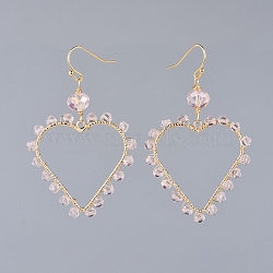 Faceted Glass Dangle Earrings, with Real 18K Gold Plated Brass Pendants and Earring Hooks, with Cardboard Packing Box, Heart, Pink, 58mm, Pin: 0.8mm(EJEW-JE03737-05)