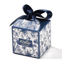 Wedding Theme Folding Gift Boxes, Square with Flower & Word Wishes A GIFT FOR YOU and Ribbon, for Candies Cookies Packaging, Marine Blue, 7x7x8.3cm(CON-P014-01A)