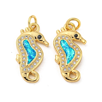 Brass Micro Pave Cubic Zirconia with Synthetic Opal Pendants, with Jump Ring, Real 18K Gold Plated, Sea Horse, Sea Horse, 20.5x10.5x3mm