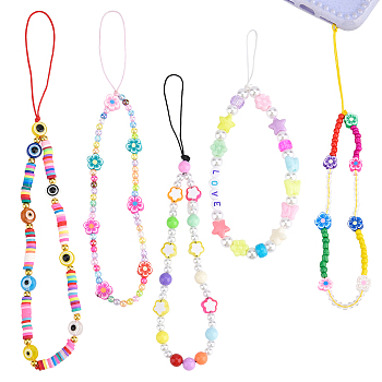 Gorgecraft 5Pcs 5 Style Plastic & Resin Beaded Mobile Straps, with Polymer Clay Heishi Beads, Flower & Round & Evil Eye, Colorful, 1pc/style