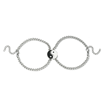 2Pcs Yin Yang Alloy Magnetic Couple Bracelets Set, 304 Stainless Steel Link Bracelets, Stainless Steel Color, 9-1/8 inch(23cm), 1Pc/style