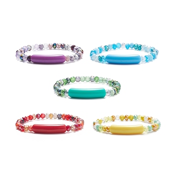 Round Glass Beaded Stretch Bracelet with Acrylic Tube, Cute Color Jewelry for Women, Mixed Color, Inner Diameter: 2-1/4 inch(5.7cm)