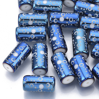 Electroplate Glass Beads, Column with Dot and Star Pattern, Dodger Blue, 20x10mm, Hole: 1.2mm, about 50pcs/bag