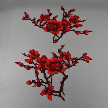 Flower & Branch Pattern Polyester Fabrics Computerized Embroidery Cloth Sew on Appliques, Costume Cheongsam Accessories, Red, 270~310x450~460x1mm, 2pcs