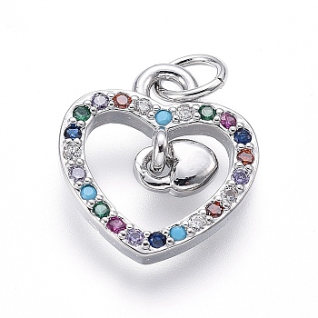 Brass Micro Pave Cubic Zirconia Charms, with Jump Rings, Heart, Colorful, Platinum, 14x12.5x2mm, Hole: 3mm