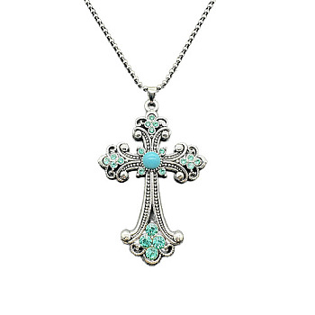 Alloy Pendant Necklaces, Cross fleury, Pale Turquoise, 19.69 inch(50cm)