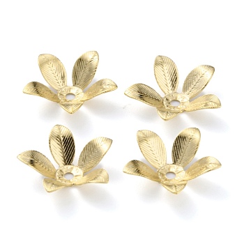 Brass Bead Cap, Long-Lasting Plated, 5-Petal Flower, Real 24K Gold Plated, 14x3mm, Hole: 1.5mm