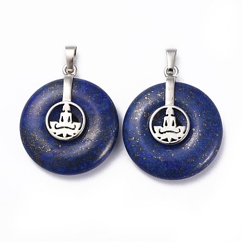 Natural Lapis Lazuli Pendants, with Platinum Tone Brass Findings, Donut/Pi Disc with Buddha, 35.5x30x8.5~9.5mm, Hole: 4.5x6.5mm