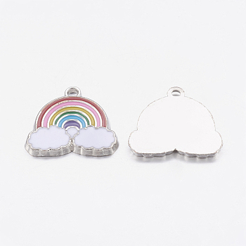Alloy Enamel Pendants, Rainbow & Cloud Charms, for Children Kids Jewelry Making, Platinum, Cadmium Free & Nickel Free & Lead Free, Colorful, 17.5x19x1.6mm, Hole: 2mm