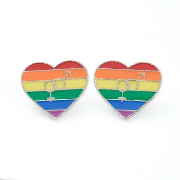 Alloy Pride Enamel Brooches, Enamel Pin, with Butterfly Clutches, Rainbow Heart with Male & Female Symbol, Platinum, Colorful, 23.5x27x10mm
