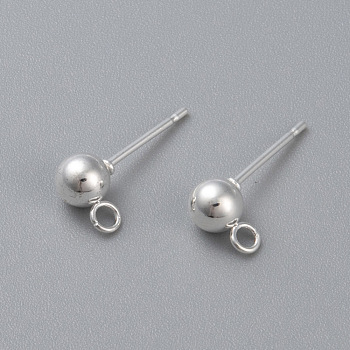 304 Stainless Steel Ball Stud Earring Post, Earring Findings, with Loop, Round, Silver, 15x4mm, Hole: 1.8mm, Pin: 0.8mm, Round: 4mm