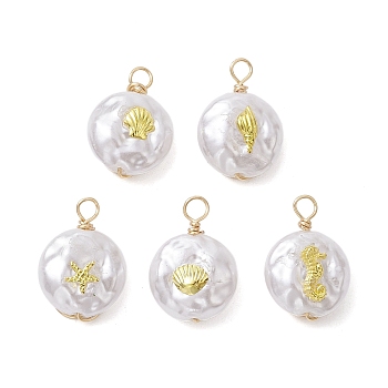 ABS Plastic Imitation Pearl Pendants, with Alloy Cabochons and Eco-Friendly Copper Wire, Mixed Shapes, 16.5~17.5x12~12.5x6.5~7mm, Hole: 2~2.5mm, about 5Pcs/Set