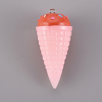 Resin Pendants, with Platinum Iron Loops, Ice Cream, Pink, 48x23x23mm, Hole: 2mm