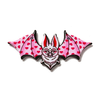 Halloween Printed Acrylic Pendants, Bat Charm, Hot Pink, 23.5x48x2.5mm, Hole: 2mm