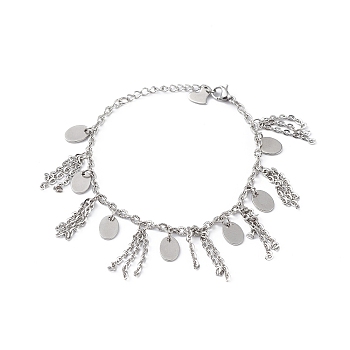 304 Stainless Steel Chain Tassel & Oval & Heart Charm Bracelet for Women, Stainless Steel Color, 6-7/8 inch(17.5cm)