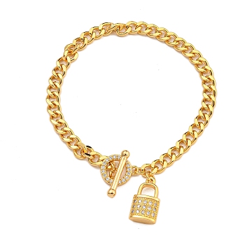 Brass Micro Pave Cubic Zirconia Bracelets, Alloy Enamel Lock Charm Bracelet for Women, Real 18K Gold Plated, 7-1/4 inch(18.4cm), Pendant: 16x9mm