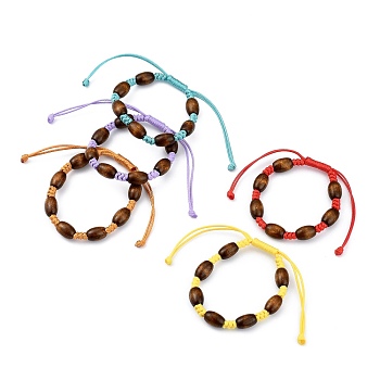 Adjustable Korean Waxed Polyester Cord Kid Braided Beads Bracelets, with Spray Painted Natural Maple Wood Barrel Beads, Mixed Color, Inner Diameter: 1-5/8~3-1/8 inch(4.1~8cm)