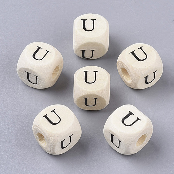 Printed Natural Wood Beads, Horizontal Hole, Cube with Initial Letter, PapayaWhip, Letter.U, 10x10x10mm, Hole: 3.5mm, about 1000pcs/500g