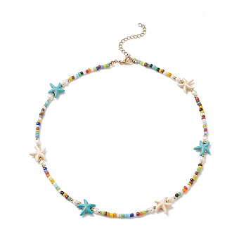 Colorful Synthetic Turquoise Starfish & Shell Pearl & Glass Seed Beaded Necklace for Women, Golden, 17.32 inch(44cm)