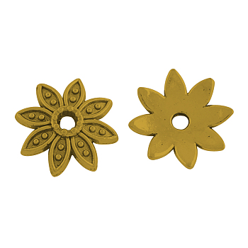 8-Petal Tibetan Style Alloy Flower Bead Caps, Cadmium Free & Nickel Free & Lead Free, Antique Golden, 14x3.5mm, Hole: 2mm