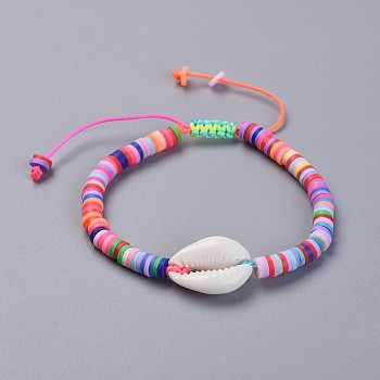 Handmade Polymer Clay Heishi Beads Kids Braided Bracelets, with Cowrie Shell Beads and Nylon Cord, Colorful, 1-7/8 inch~2-7/8 inch(4.7~7.3cm)