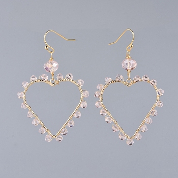 Faceted Glass Dangle Earrings, with Real 18K Gold Plated Brass Pendants and Earring Hooks, with Cardboard Packing Box, Heart, Pink, 58mm, Pin: 0.8mm