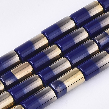 Half Electroplate Opaque Glass Beads Strands, Column, Dark Blue, 19.5~20x10mm, Hole: 1.4mm, about 17pcs/strand, 13.38 inch